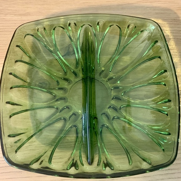 Green Glass Two Part Divided Relish Plate Square Optic 7in Set Of 3 - Picture 6 of 11